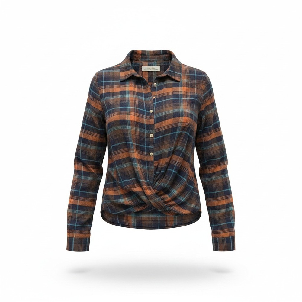 Anthropologie Isabella Sinclair Flannel Top Womens L Brwn Plaid Twist Front Knot